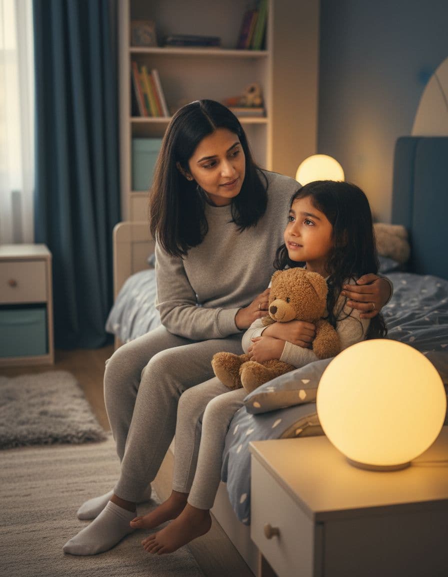 A caring Indian British mother sits on the edge of her 6-year-old daughter's bed in a cozy nighttime bedroom, gently reassuring the frightened girl holding a teddy bear under a soft night light.