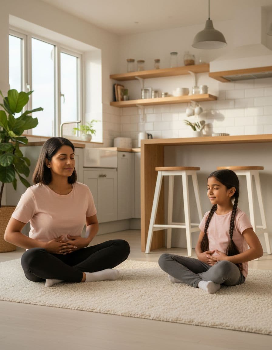 A parent and 7-year-old Indian British child sit on a rug in a cozy bright modern British kitchen, calmly practicing belly breathing with hands on bellies, both smiling slightly under warm optimistic lighting.