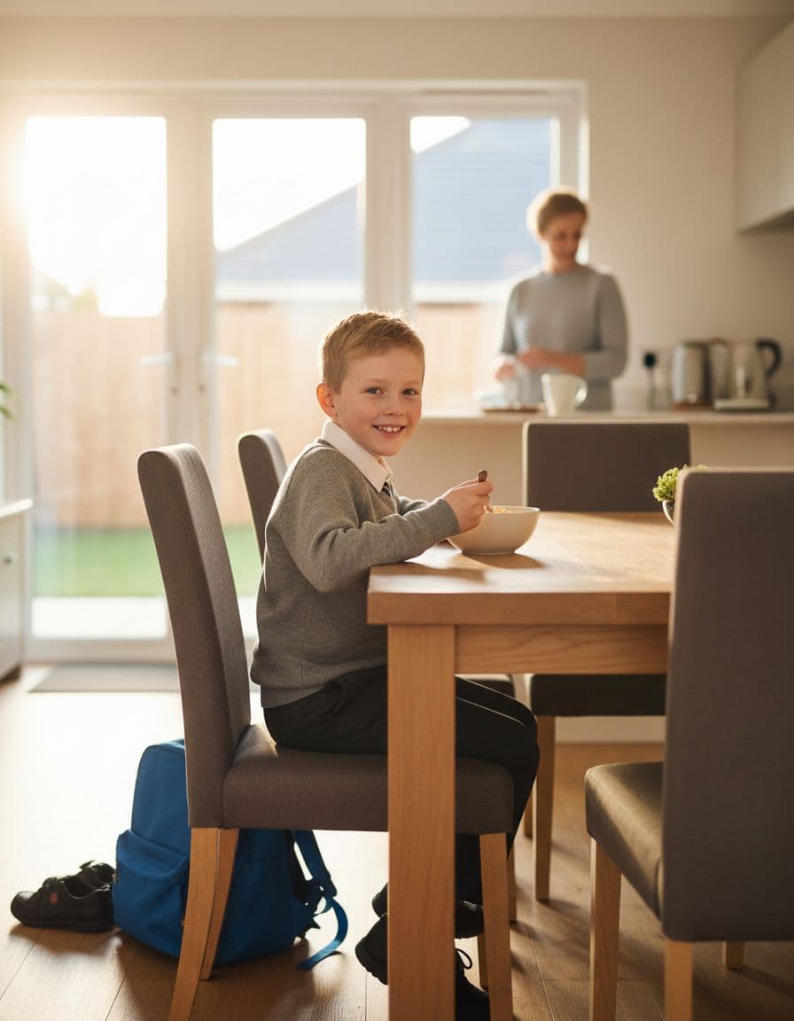 Bright HD photo of a 7-year-old white British boy happily eating cereal at the breakfast table in a modern suburban dining area, dressed for school with bag and shoes nearby, blurred parent in background, natural morning light.