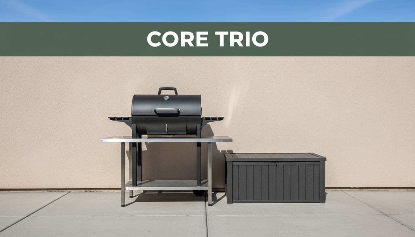 Sturdy freestanding charcoal grill on a metal worktable with deck storage box on concrete patio, featuring bold 'Core Trio' headline.