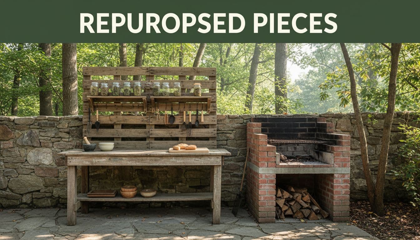 Rustic wooden pallet wall shelf as backsplash with jars and hooks behind old potting bench prep station next to brick grill in cozy backyard patio, soft morning light, photorealistic textures, bold 'Repurposed Pieces' headline.