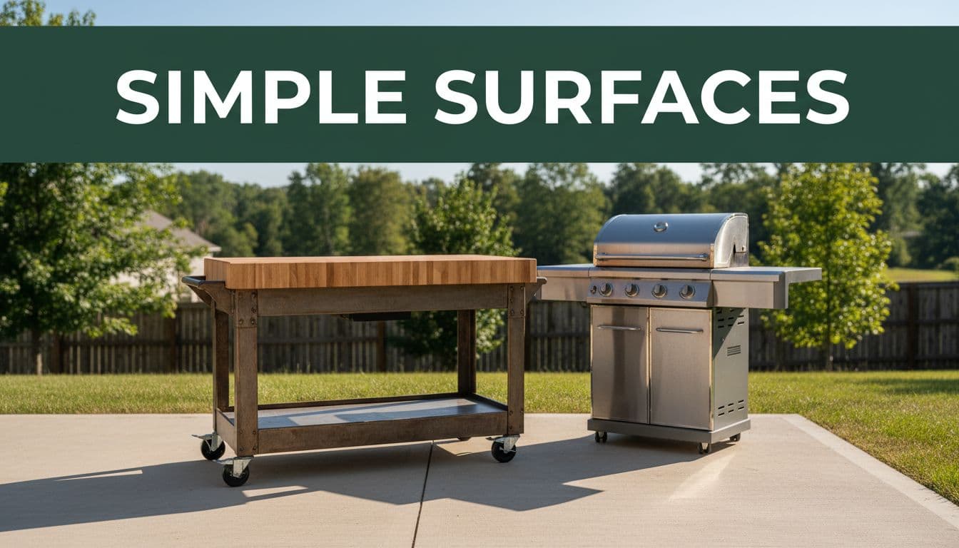 Heavy-duty rolling metal utility cart with butcher block top as outdoor kitchen prep island beside freestanding gas grill on sunny concrete patio in backyard.