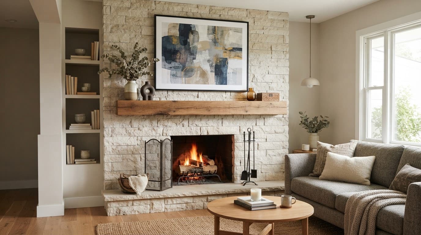 A stone fireplace with abstract art above a wooden mantel in a bright living room.