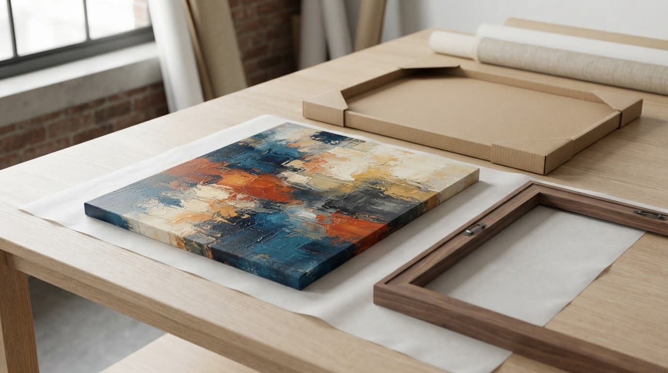 A canvas print beside archival tissue and protective cardboard packaging.