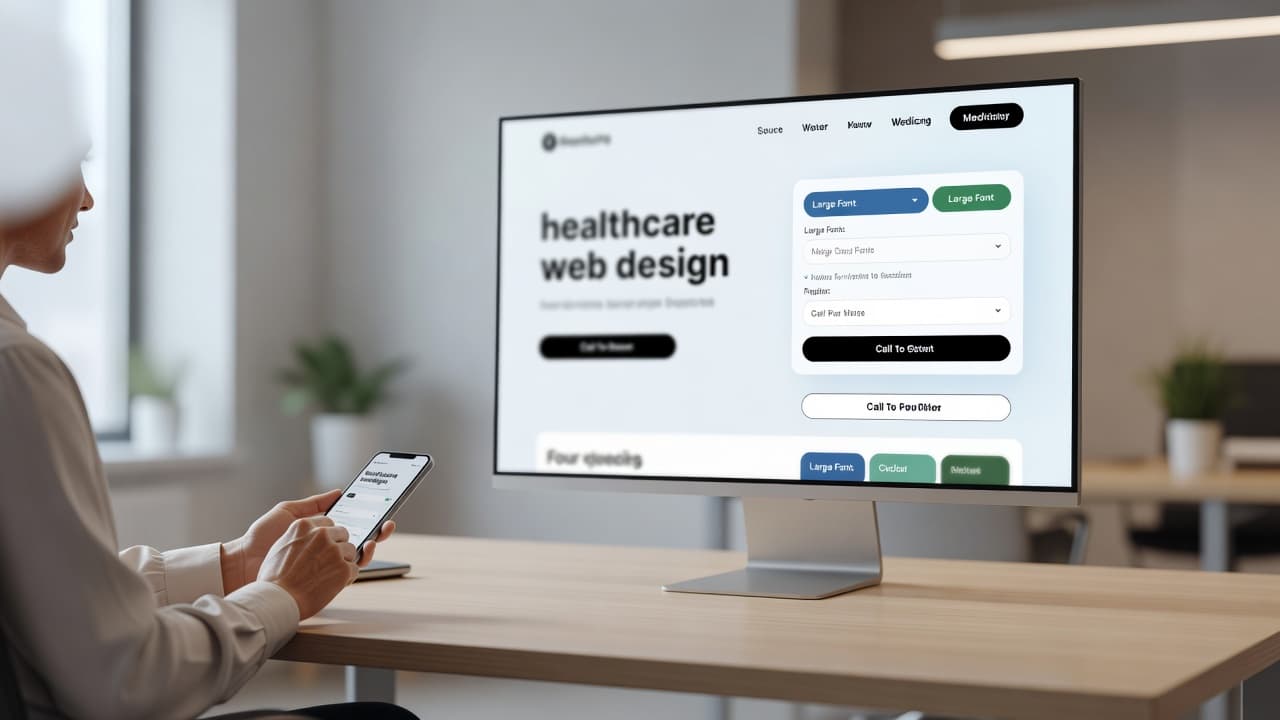 A person using a smartphone near a bright computer screen showing a high-contrast healthcare website interface.