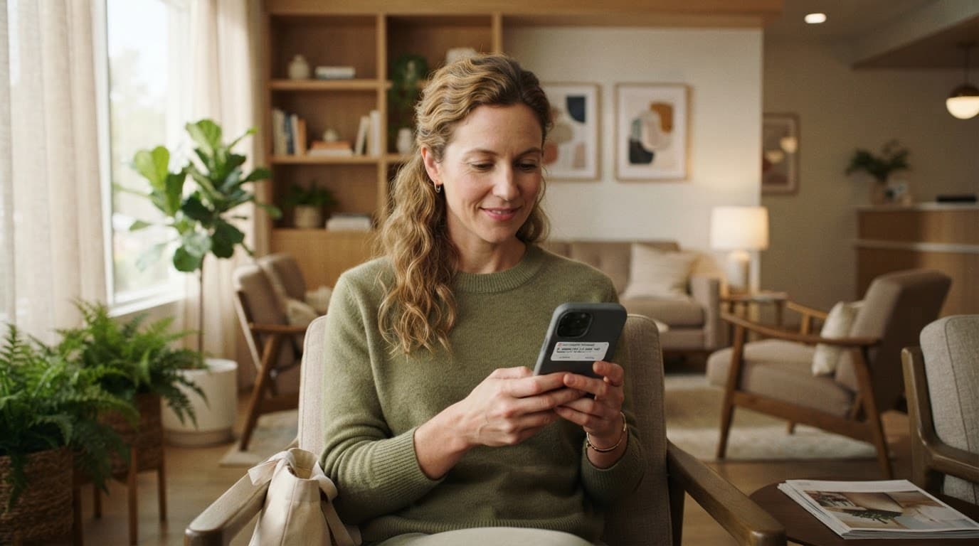 Patient holding a smartphone in a softly lit clinic waiting room.