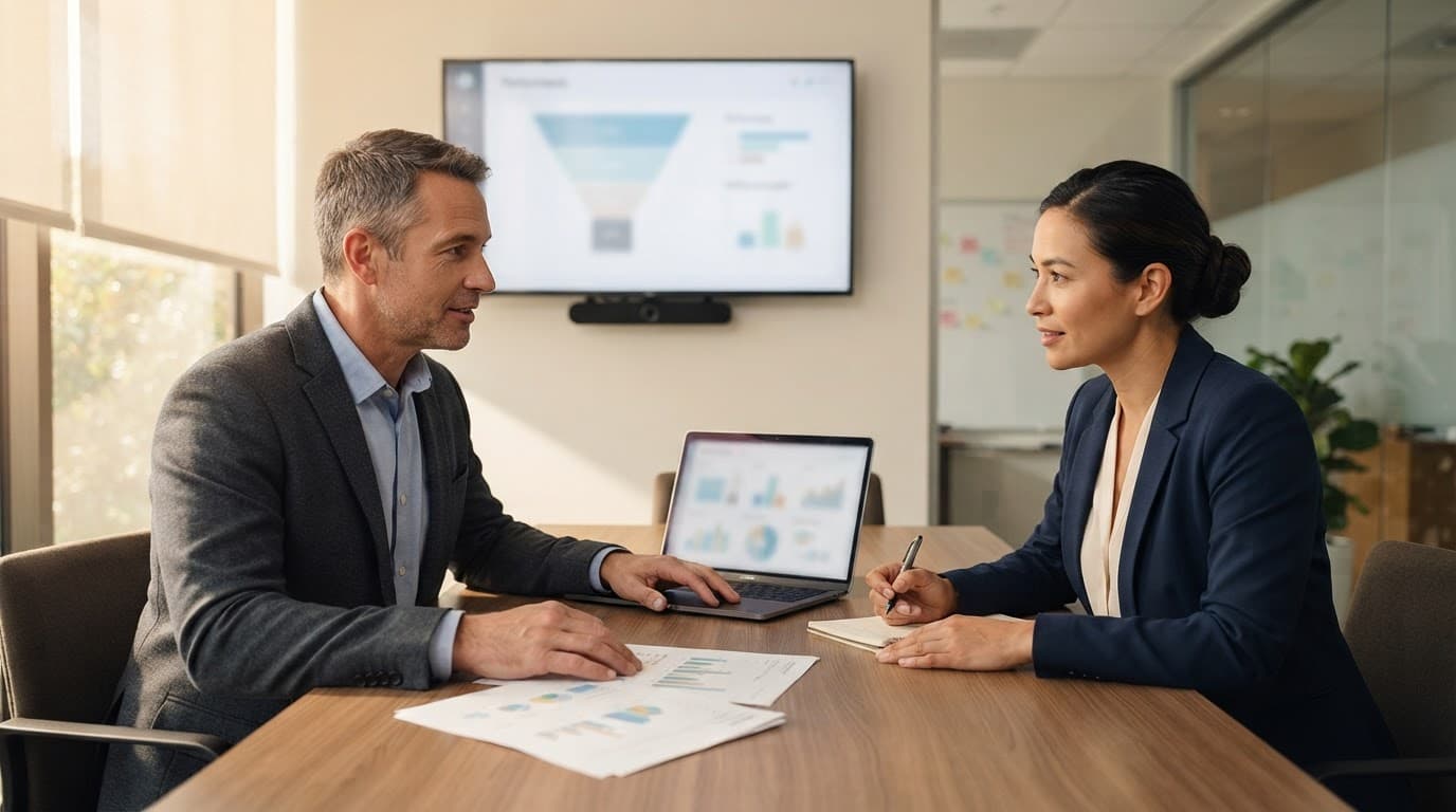 Two clinic professionals review charts and a funnel graphic in a conference room.