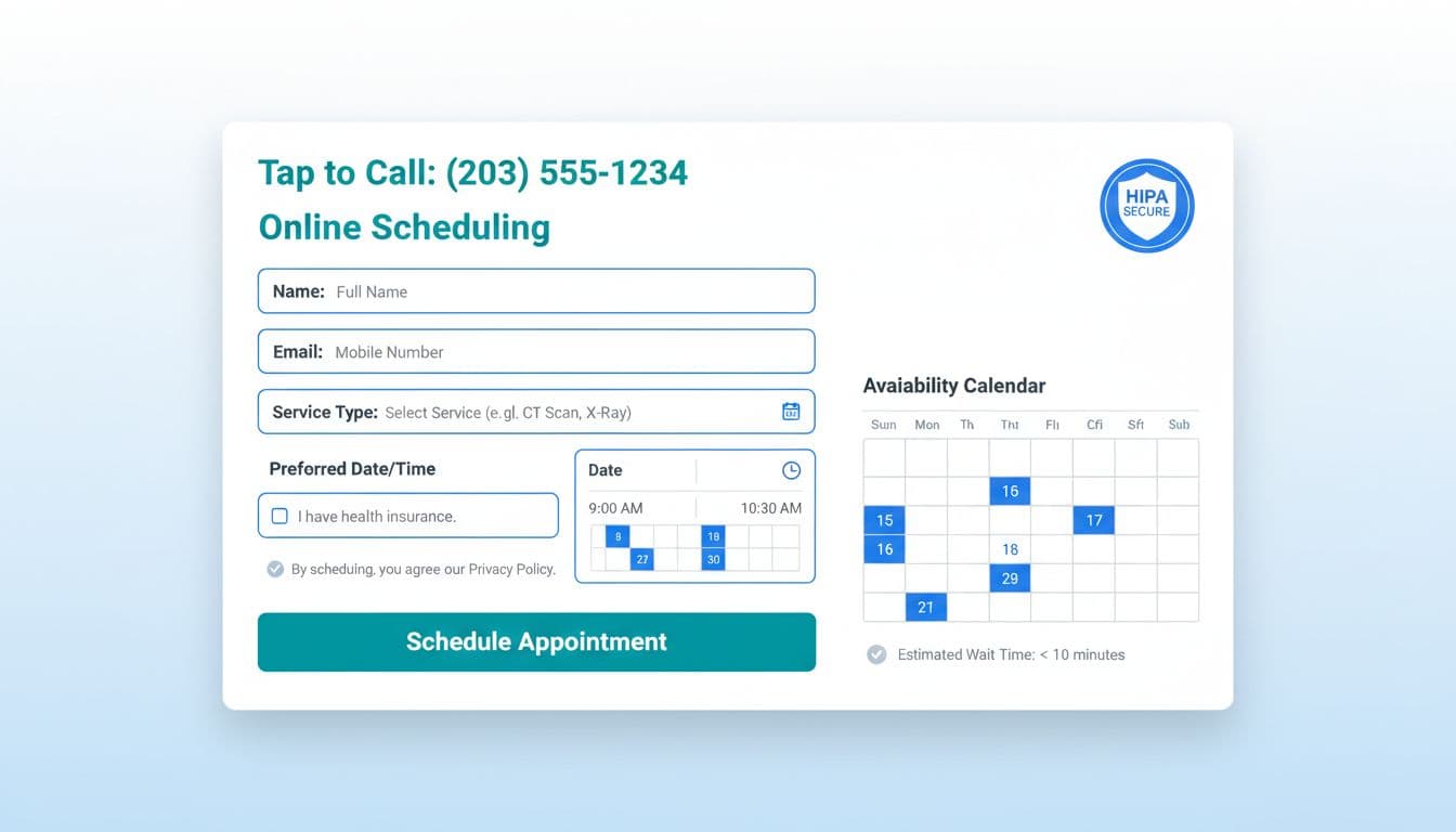 Detailed wireframe mockup of an online scheduling form for a CT medical practice, including fields for name, phone, email, service type, date/time picker, insurance checkbox, and a large submit button, with availability calendar and HIPAA badge in minimalist blue/teal UI.