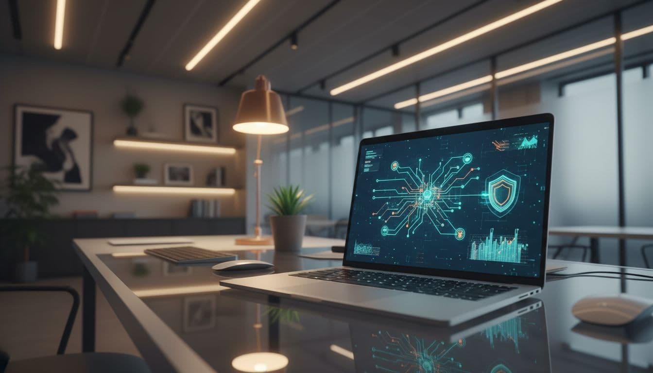 A sleek laptop sits on a clean desk displaying a glowing network topology map and complex security metrics. Soft ambient light highlights the professional workspace dedicated to comprehensive data protection analysis.