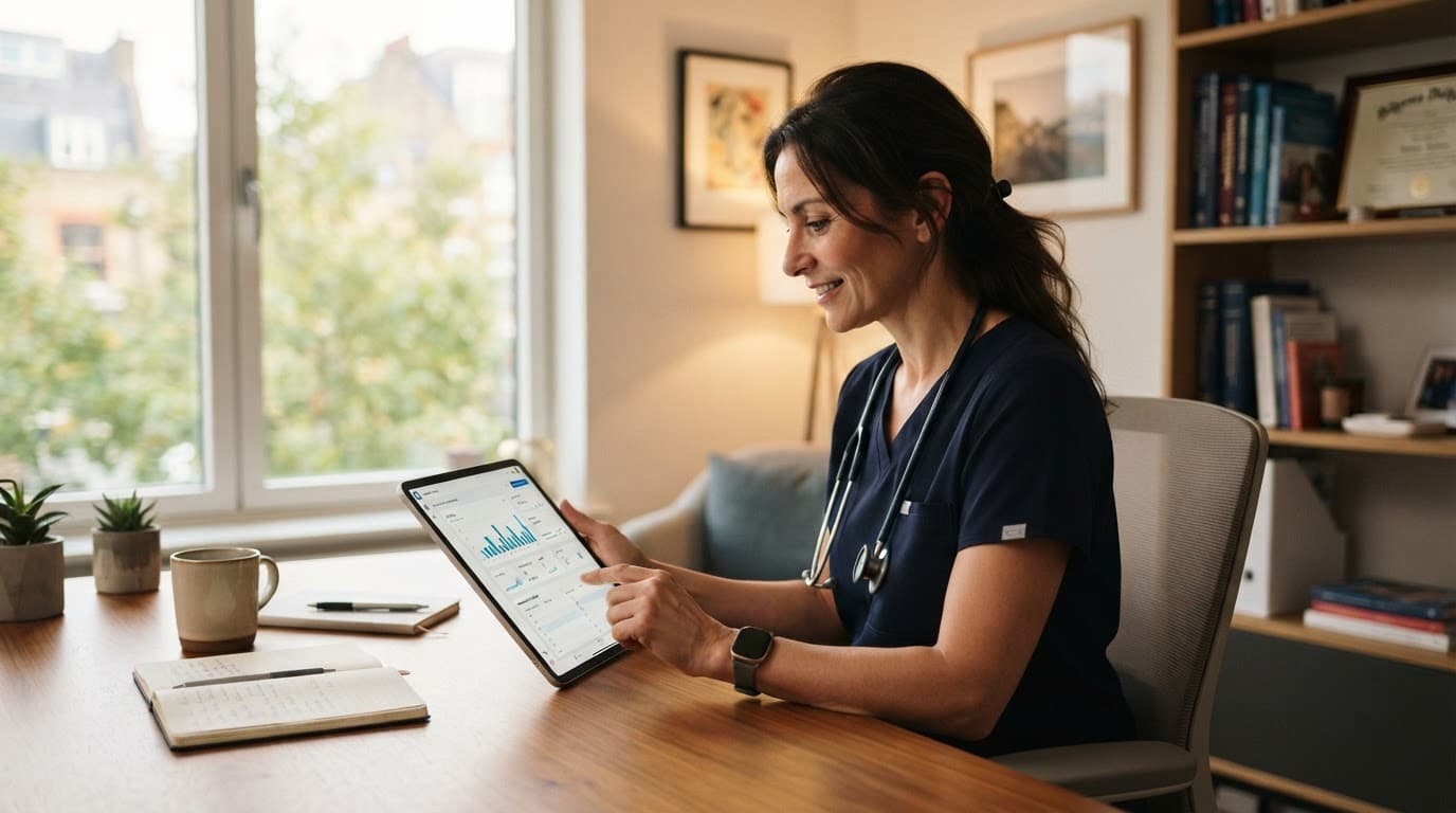 A doctor reviews a tablet beside medical charts in a bright private office.