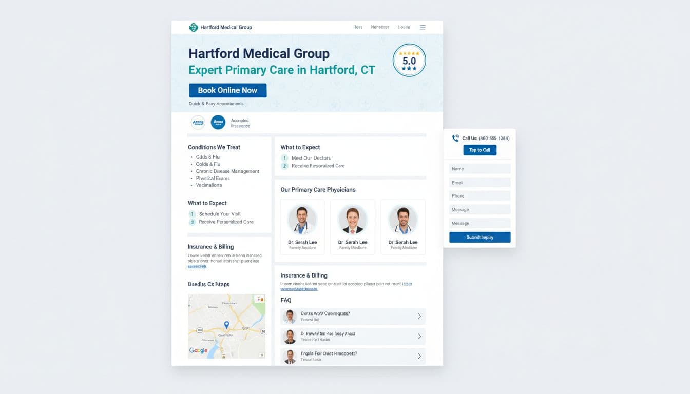 Clean, modern website service page wireframe for Hartford Medical Group, a Connecticut primary care practice, featuring hero section with booking button, conditions treated, doctor profiles, insurance info, map, and FAQ in minimalist teal-navy UI design.