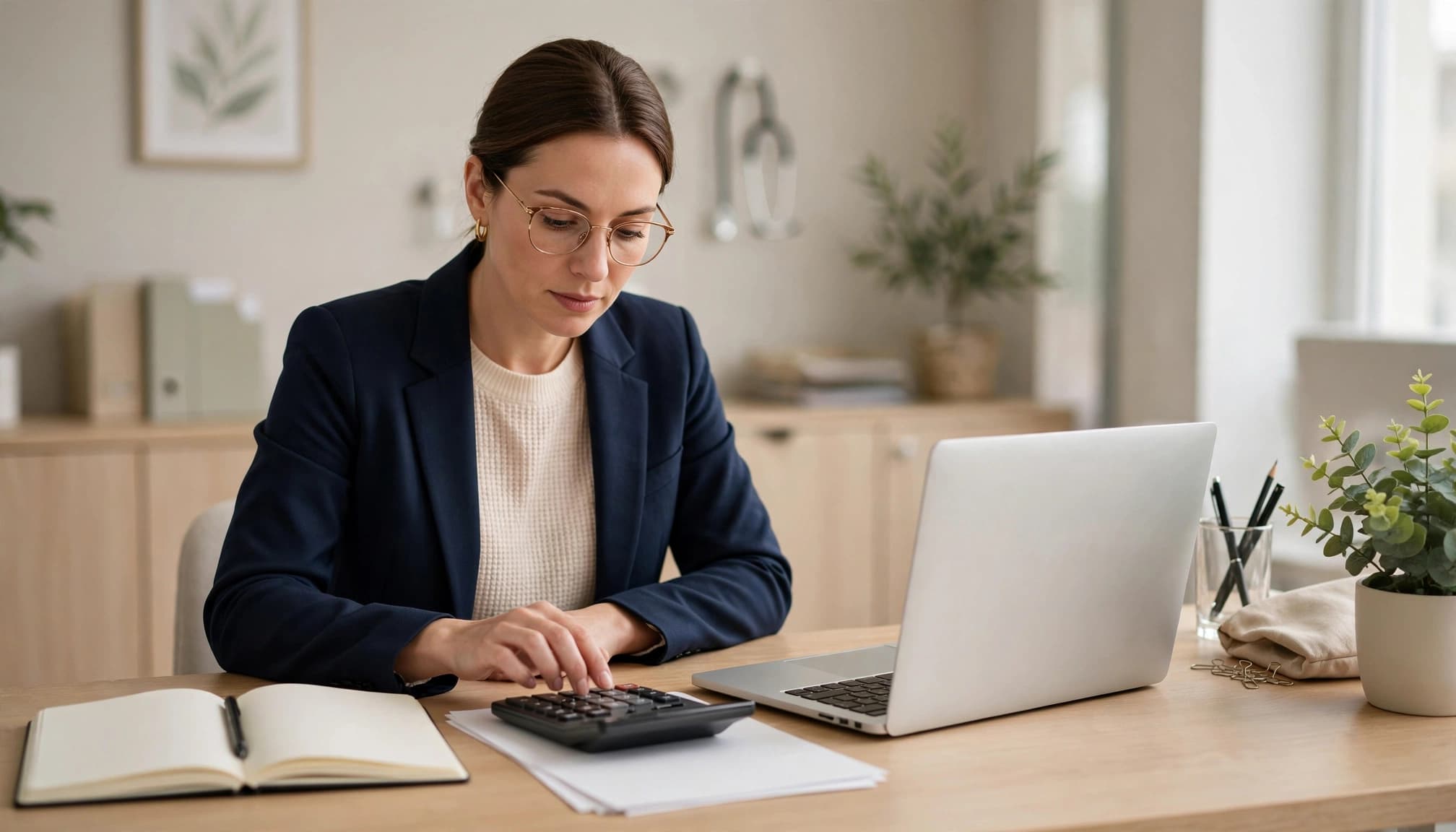 Practice manager reviewing a notebook, calculator, and laptop at a desk in a bright medical office.