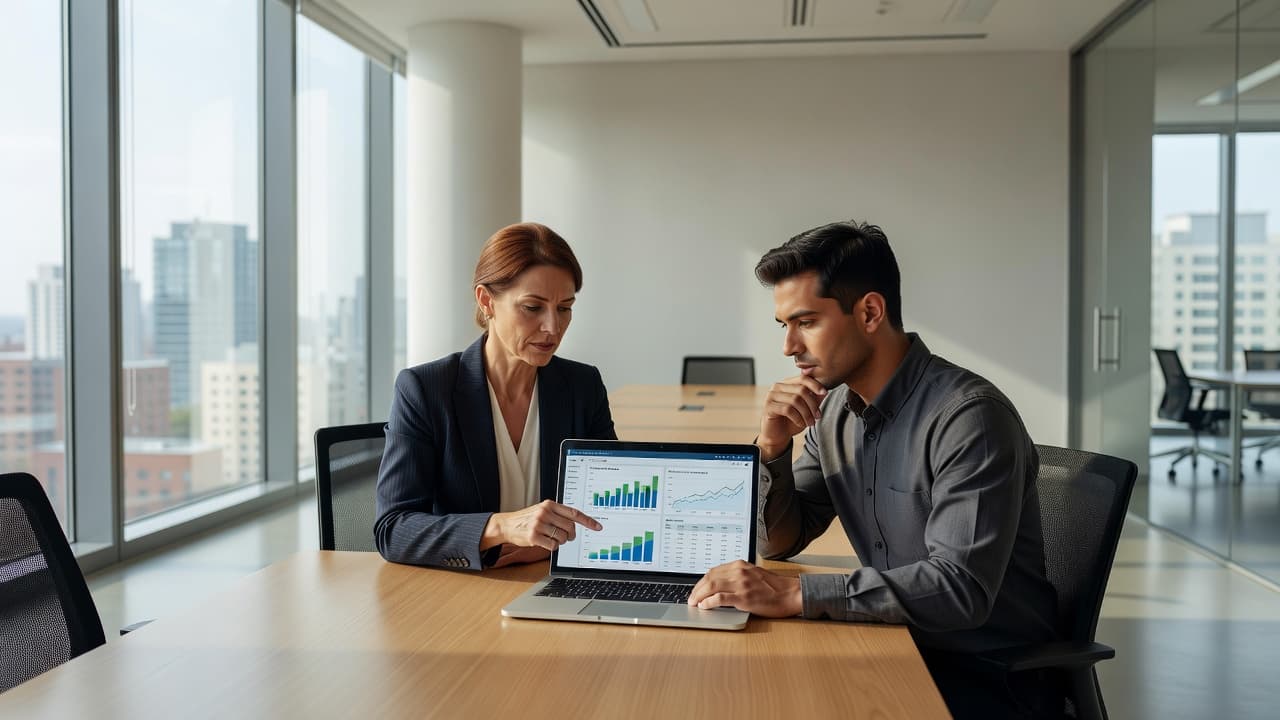 Two professionals reviewing software security metrics on a laptop in a bright office.