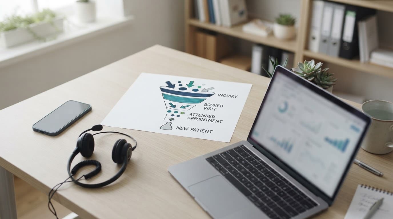 Desk with a laptop, phone, headset, and abstract paper funnel diagram
