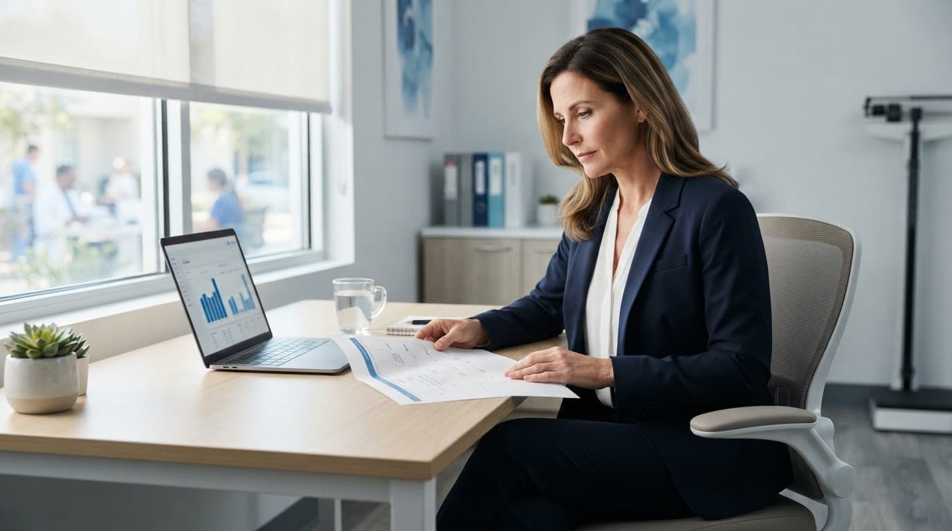 Administrator reviewing inquiry and appointment charts beside a laptop in a medical office.