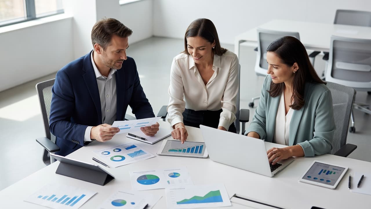 Three professionals sit around a clean white desk, reviewing digital tablets and printed analytical charts. Soft morning light fills the modern office while they discuss data strategy in a collaborative session.