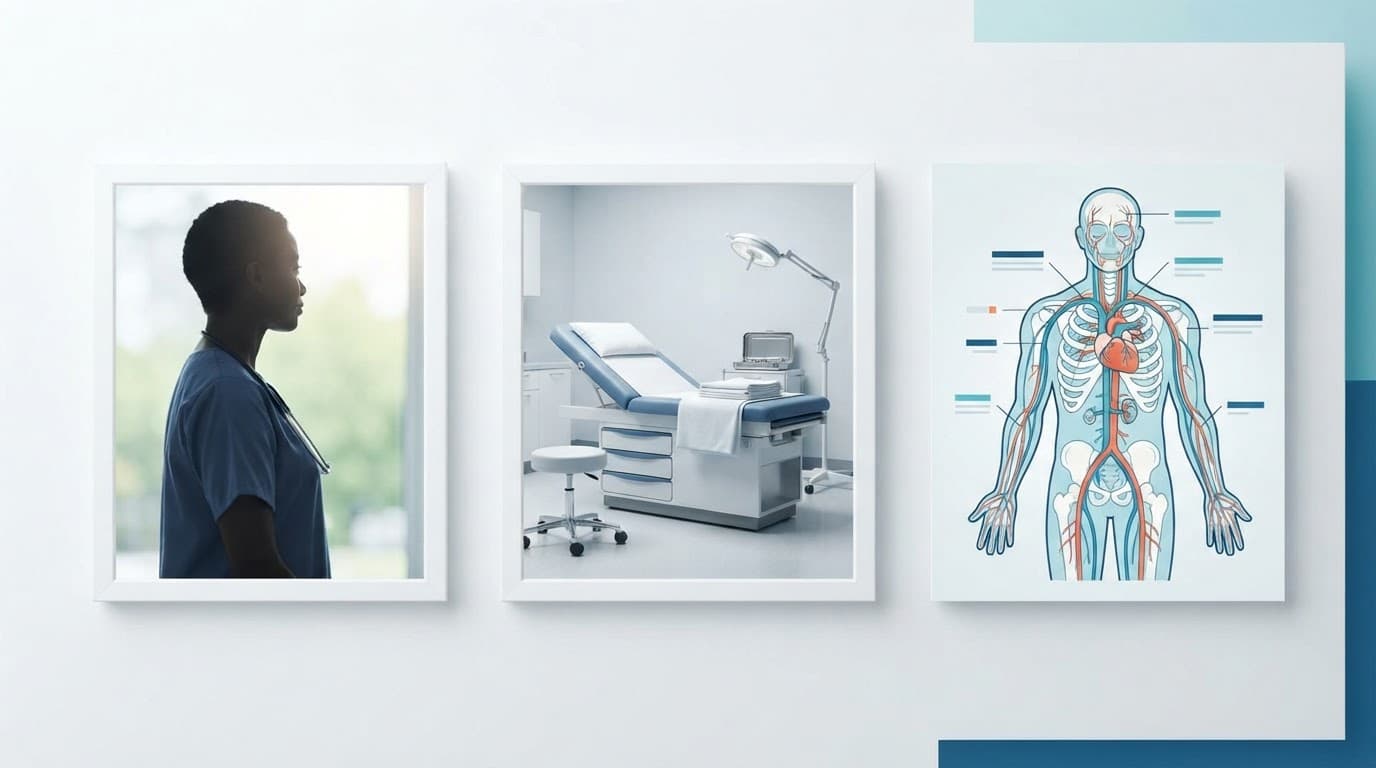 Healthcare visuals show a clinician silhouette, empty exam room, and anatomy illustration.