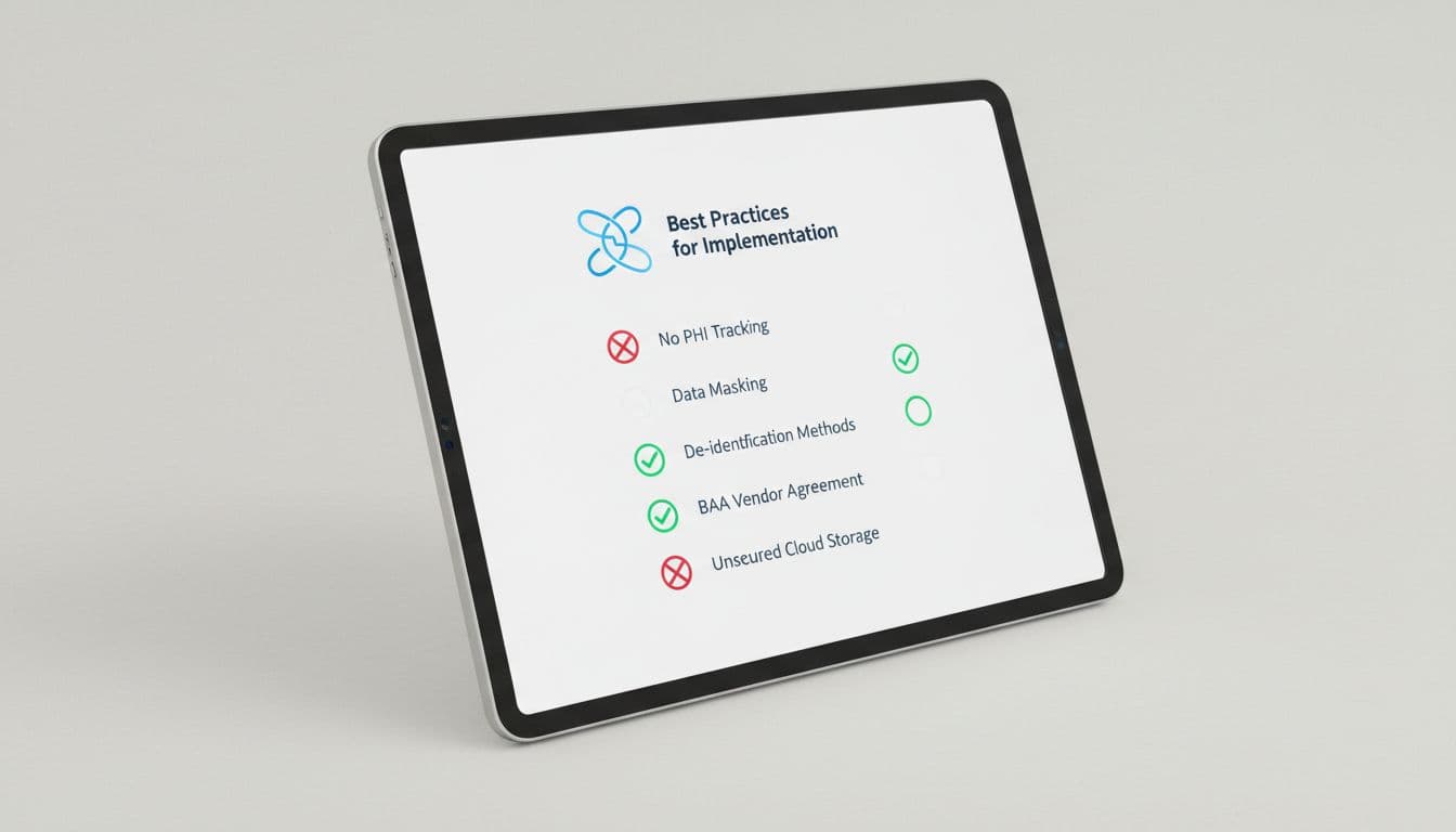 Modern minimalist illustration of a tablet screen displaying a compliance checklist for HIPAA-safe analytics, featuring green checks on safe practices like data masking and BAA vendors, crossed-out risky items, in blue tones on a neutral background.