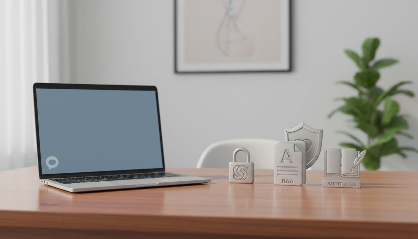 Clean doctor's office desk with neatly arranged icons for HIPAA features: encryption lock, BAA document, audit log, PHI shield, and a nearby laptop with subtle chat icon, realistic photo in soft lighting.