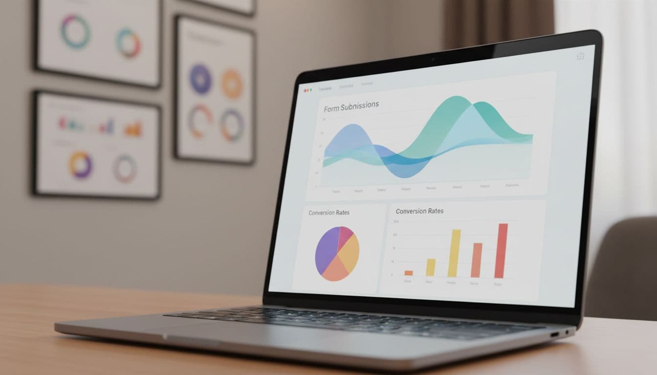 Realistic angled laptop screen displaying anonymized analytics charts for form submissions and conversion rates in a healthcare clinic with wall charts and soft lighting, no personal data or readable text.