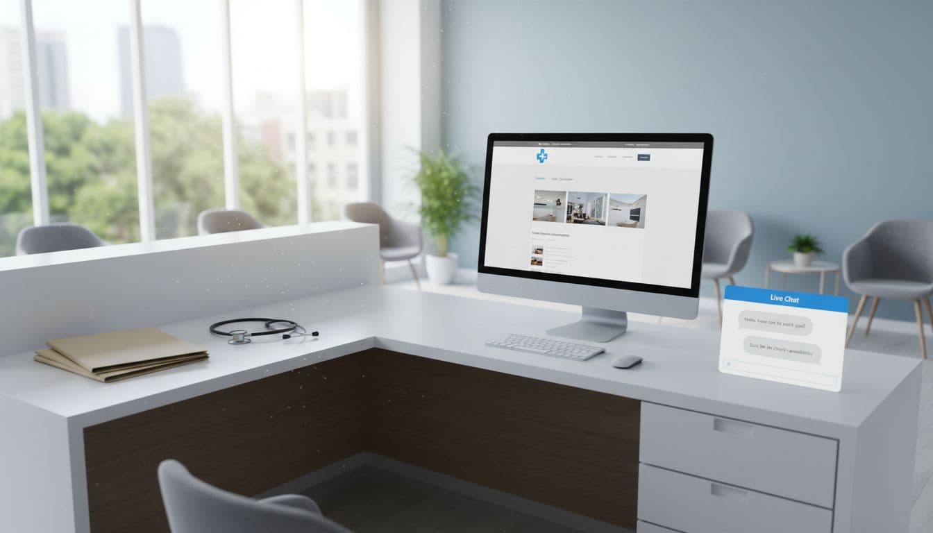 Professional medical reception area with a desktop computer screen displaying a simple HIPAA-compliant live chat interface on a healthcare website practice page, featuring neutral placeholder conversation bubbles about appointments in a modern clean clinic interior.