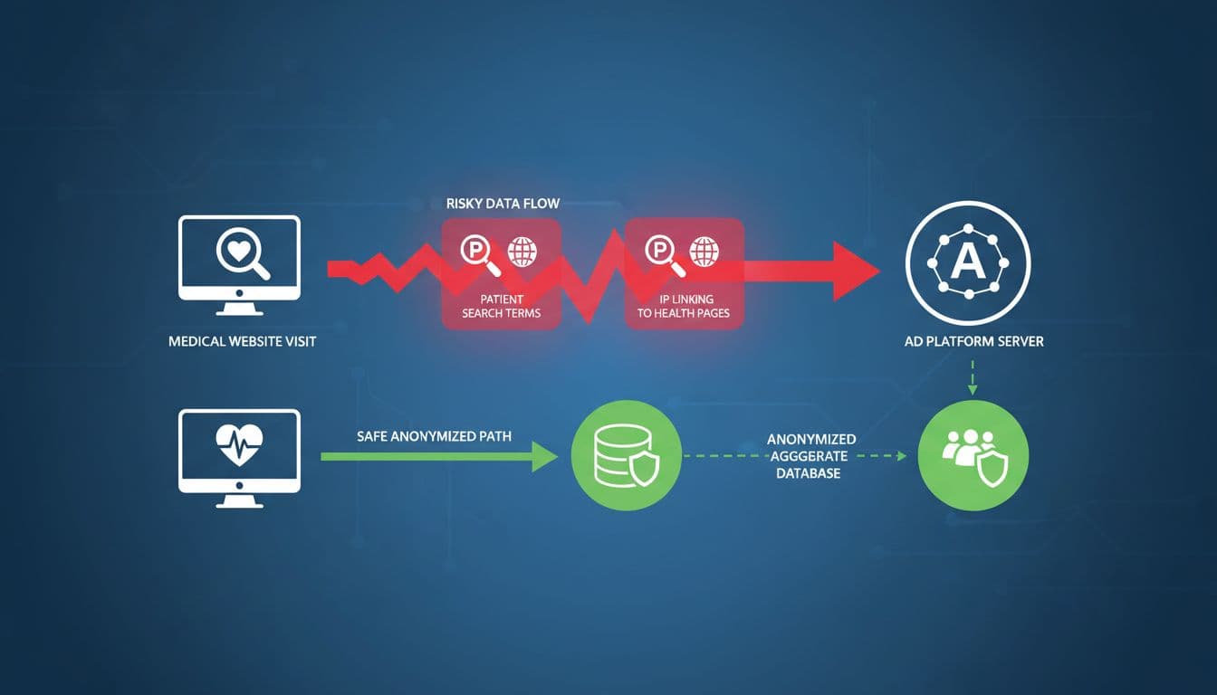 Infographic depicts red risky PHI data paths from medical sites to ad servers contrasted with green anonymized safe flows.