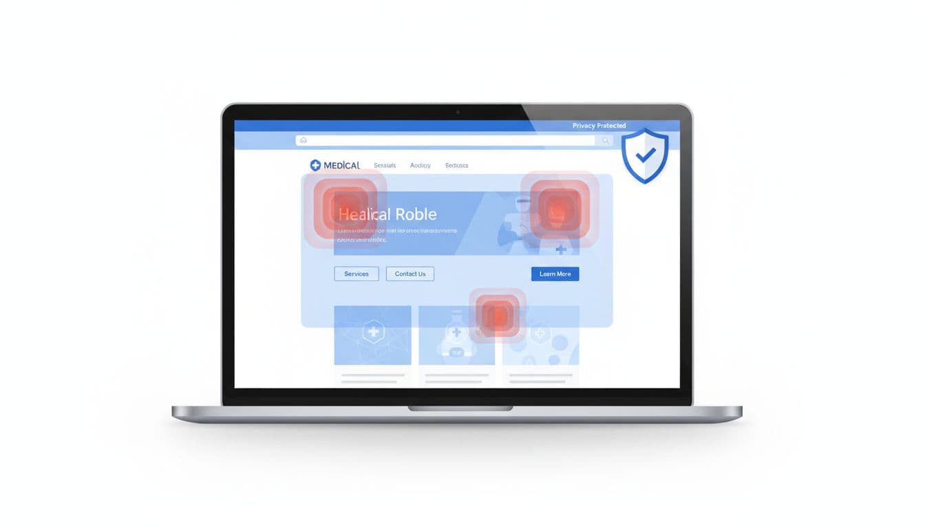 Clean minimalist illustration of a HIPAA-safe heatmap overlay on a medical website homepage, showing anonymized red-orange click clusters on navigation like Services and Contact Us, with blue-white healthcare colors and privacy shield icon.