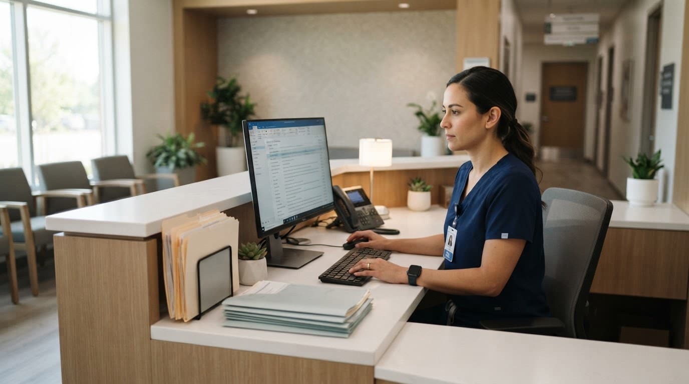 Receptionist using a computer at a bright medical clinic front desk.