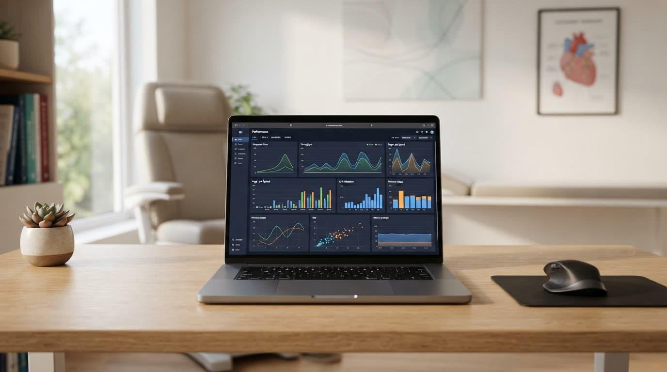 Laptop showing performance graphs on a clean desk in a bright medical clinic.