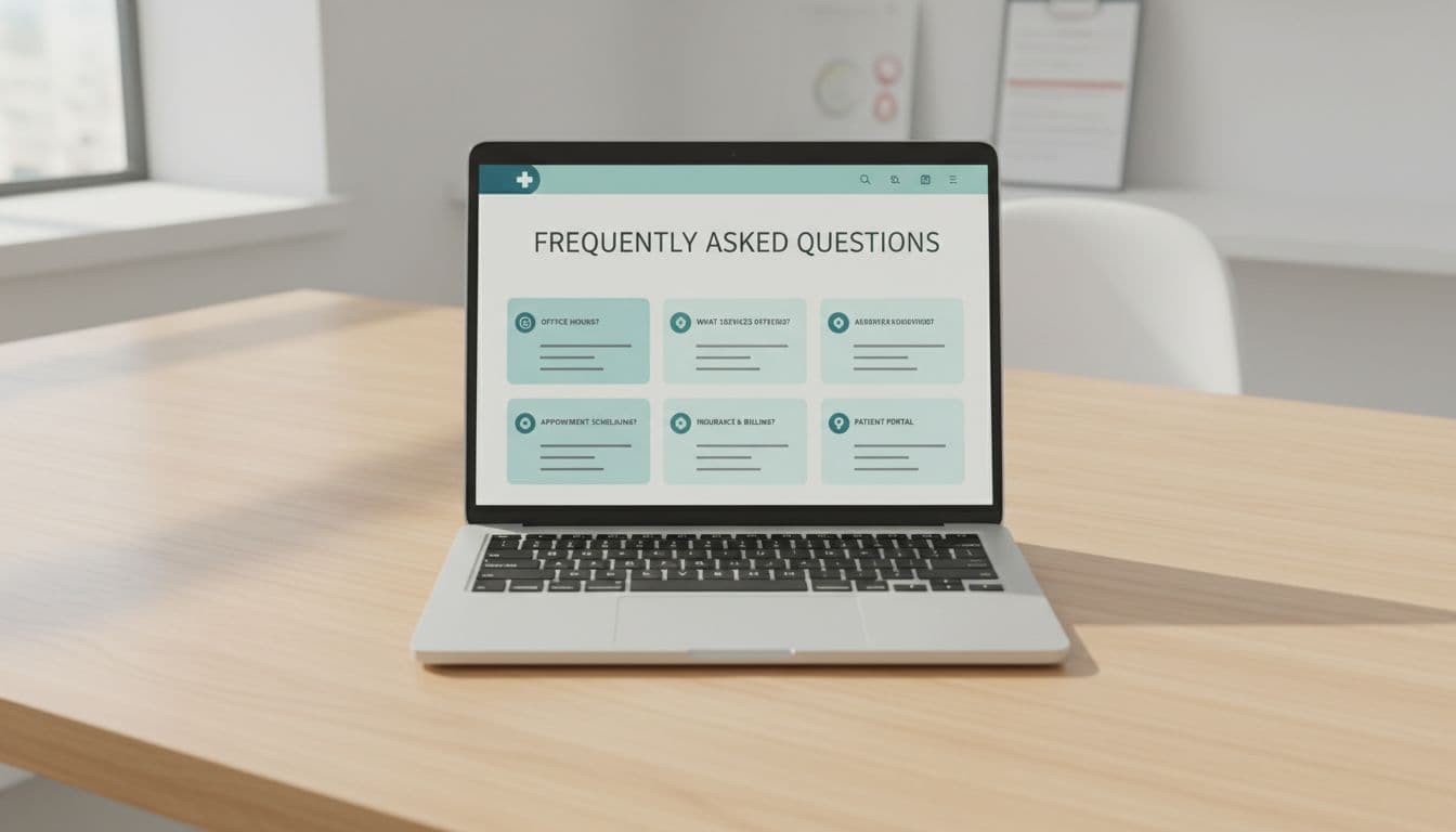 Clean laptop screen displaying a basic FAQ page layout for a medical practice, viewed from above on an office desk in natural daylight, realistic style with no readable text or extra objects.