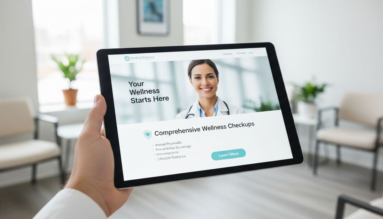 Hand holds tablet showing clean medical landing page in clinic waiting room with blurred doctor background.