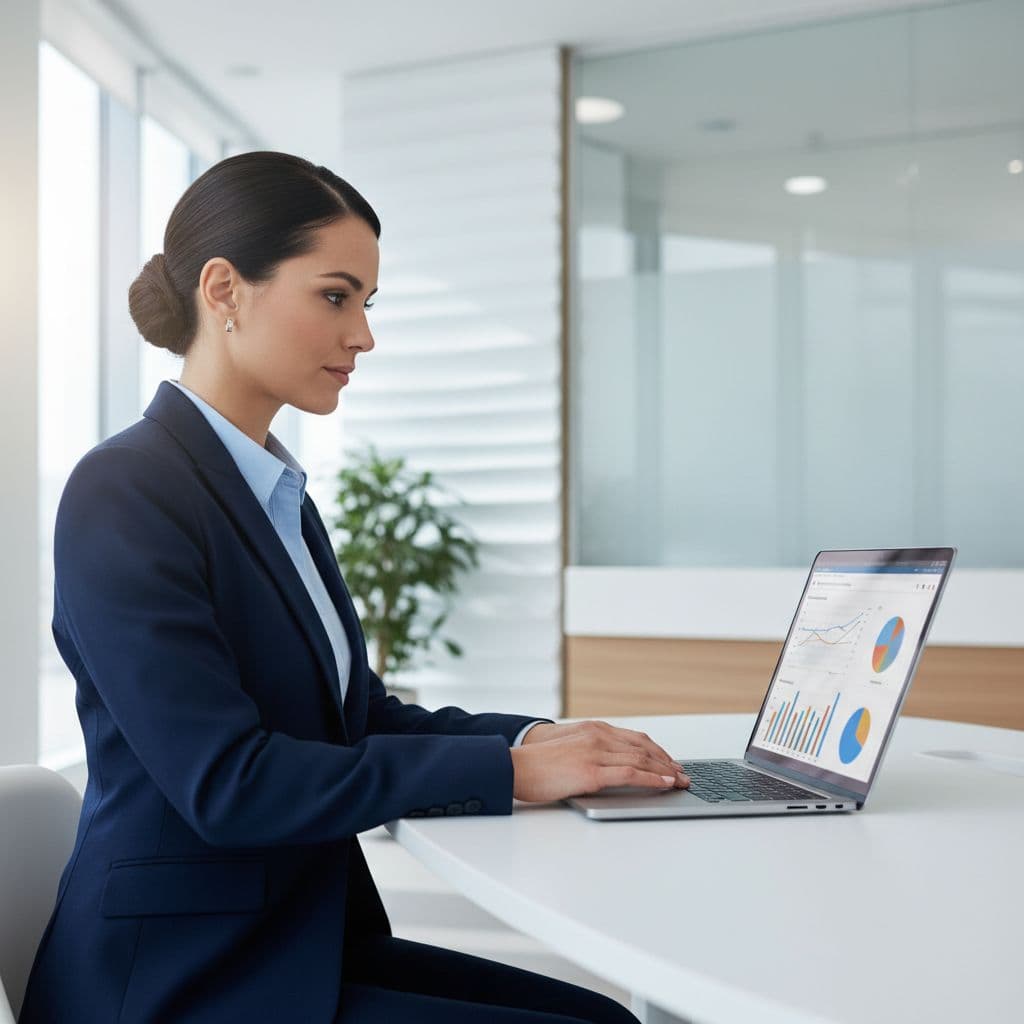Medical office manager looks at blurred data charts on laptop in modern clinic.