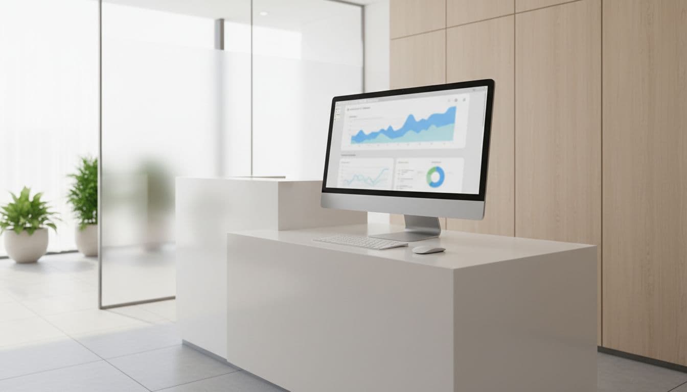 Professional medical office reception desk with a desktop computer displaying a blurred Google Ads interface showing generic conversion graphs in a modern, clean, minimalist setting with natural daylight lighting. No people, readable text, watermarks, or logos visible.