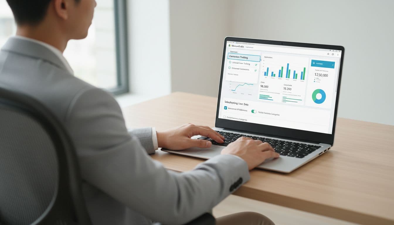 Laptop on desk in bright medical office shows Microsoft Ads conversion tracking interface with generic charts, viewed by seated marketer with hands on keyboard.