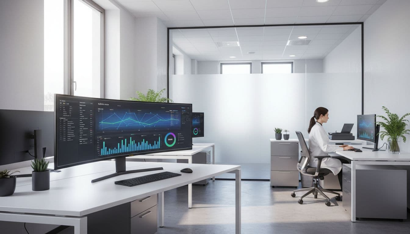 A clean office features a professional workstation with a blurred medical dashboard and a healthcare worker nearby.