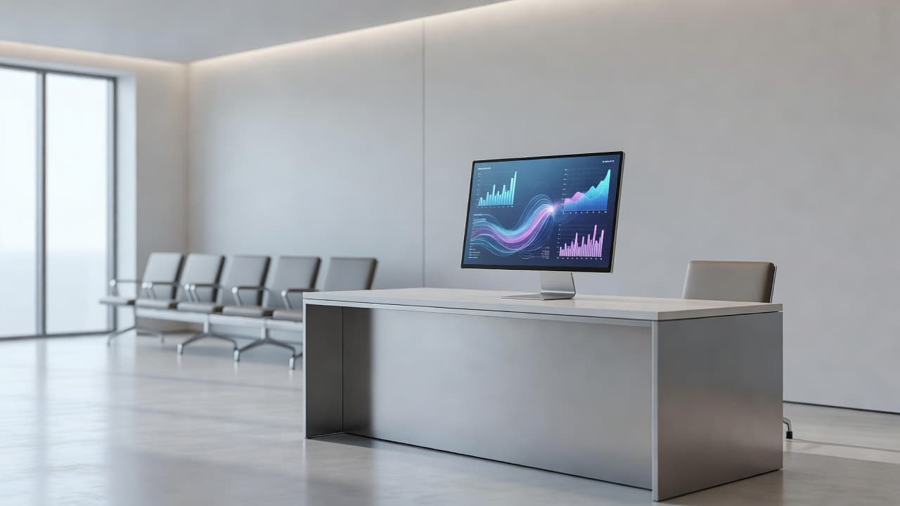 A sleek, minimalist reception desk holds a lone computer monitor displaying colorful abstract data charts. Soft natural daylight illuminates the clean, professional clinical space, emphasizing a focus on efficient healthcare technology.