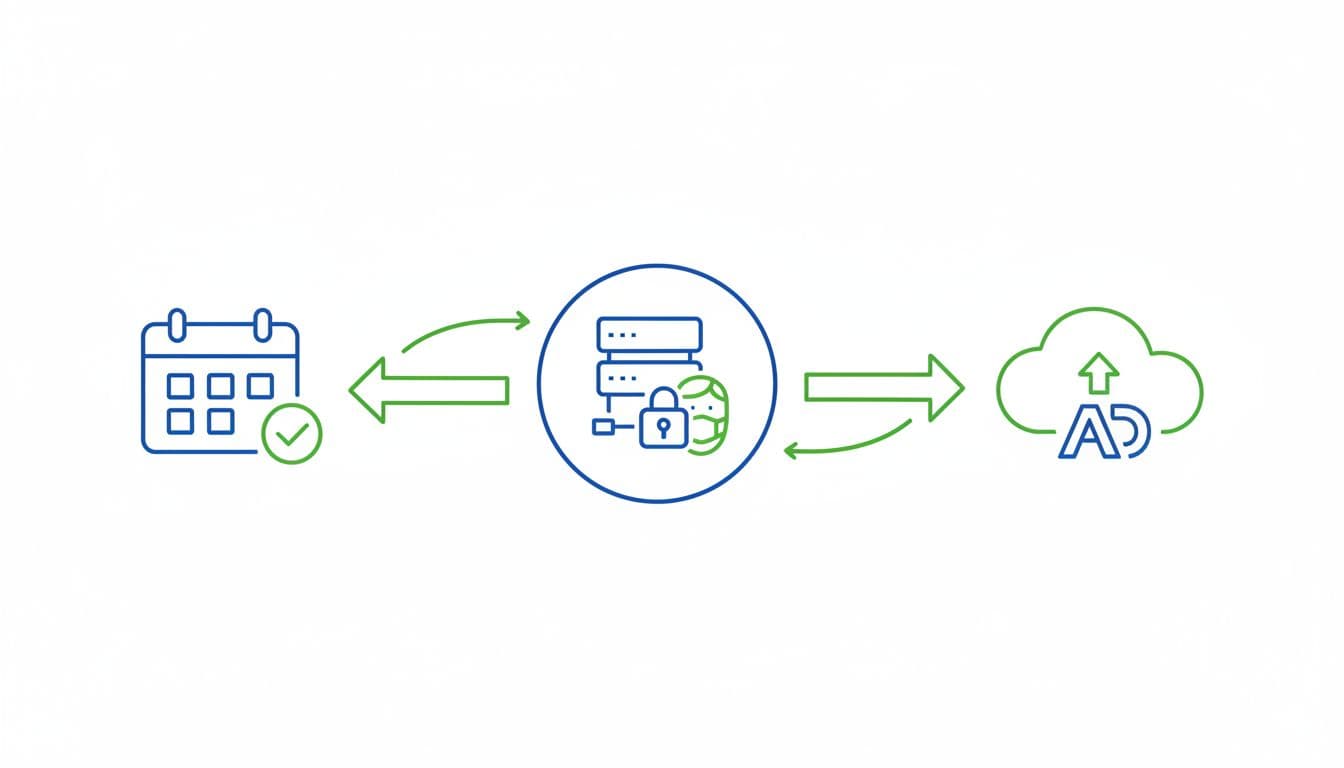 Line art icons of calendar appointment, anonymization server, and cloud platform connected by green arrows on white background.