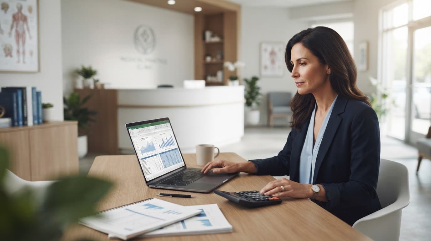 Practice owner reviewing a laptop and calculator in a bright clinic office.