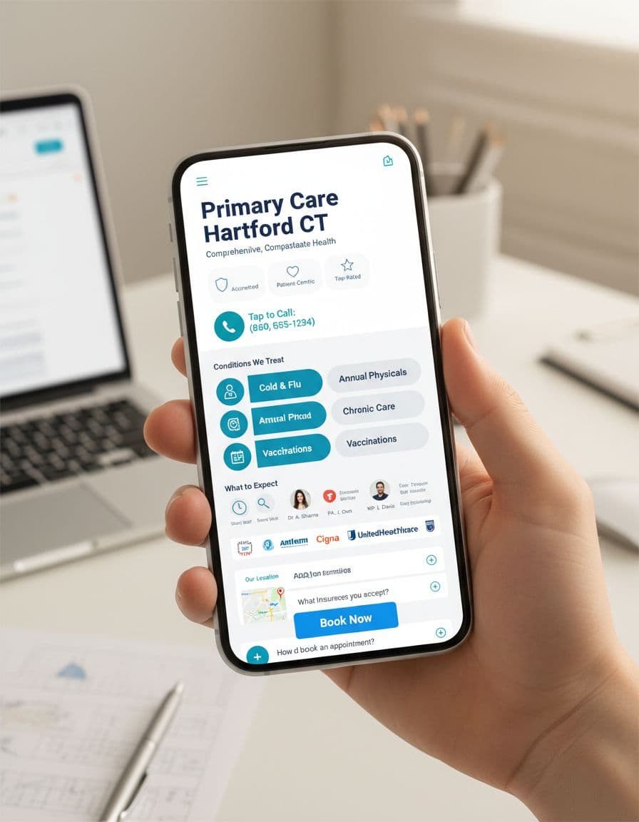 Clean, modern mobile-responsive service page wireframe for a Connecticut primary care medical practice, shown in portrait view on a smartphone held in hand with hero headline, sticky book now button, and scroll preview elements.