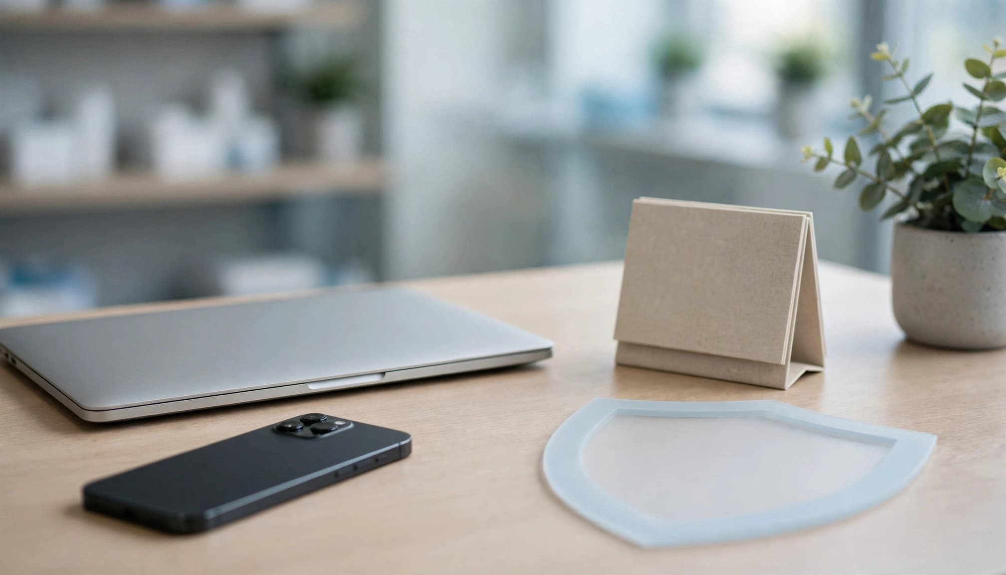 Laptop, smartphone, calendar, and shield symbol on a desk in a blurred clinic.