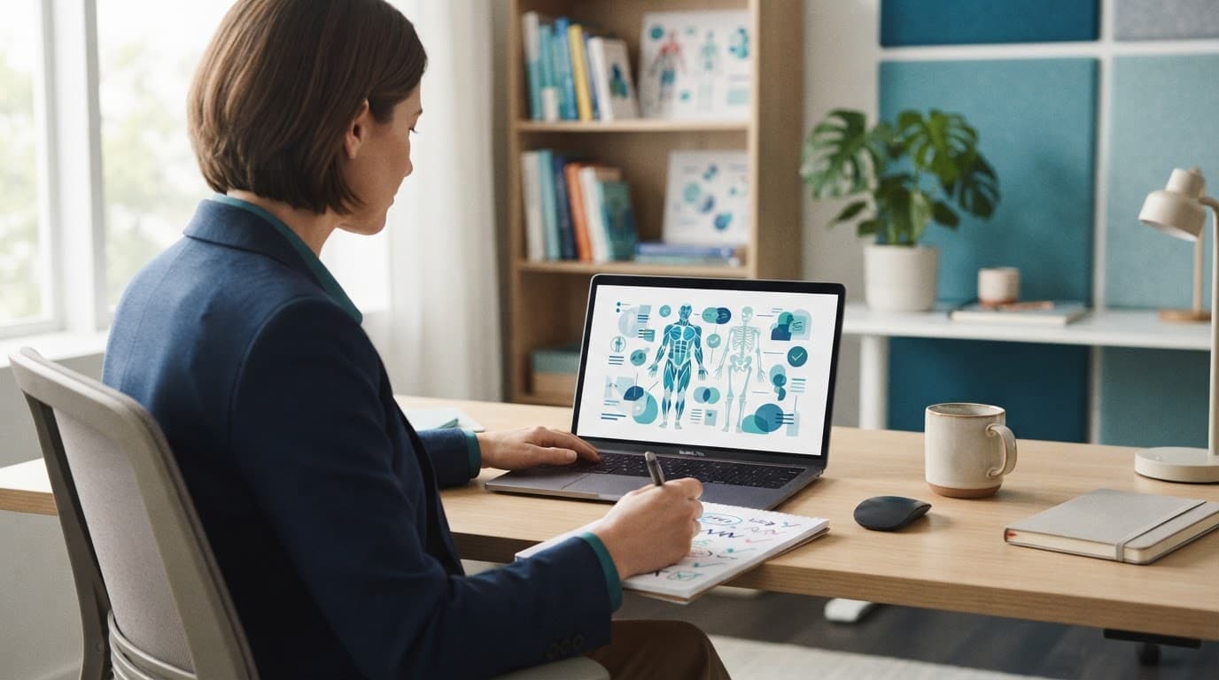 A healthcare professional reviews a medical illustration on a laptop in a bright clinic office.