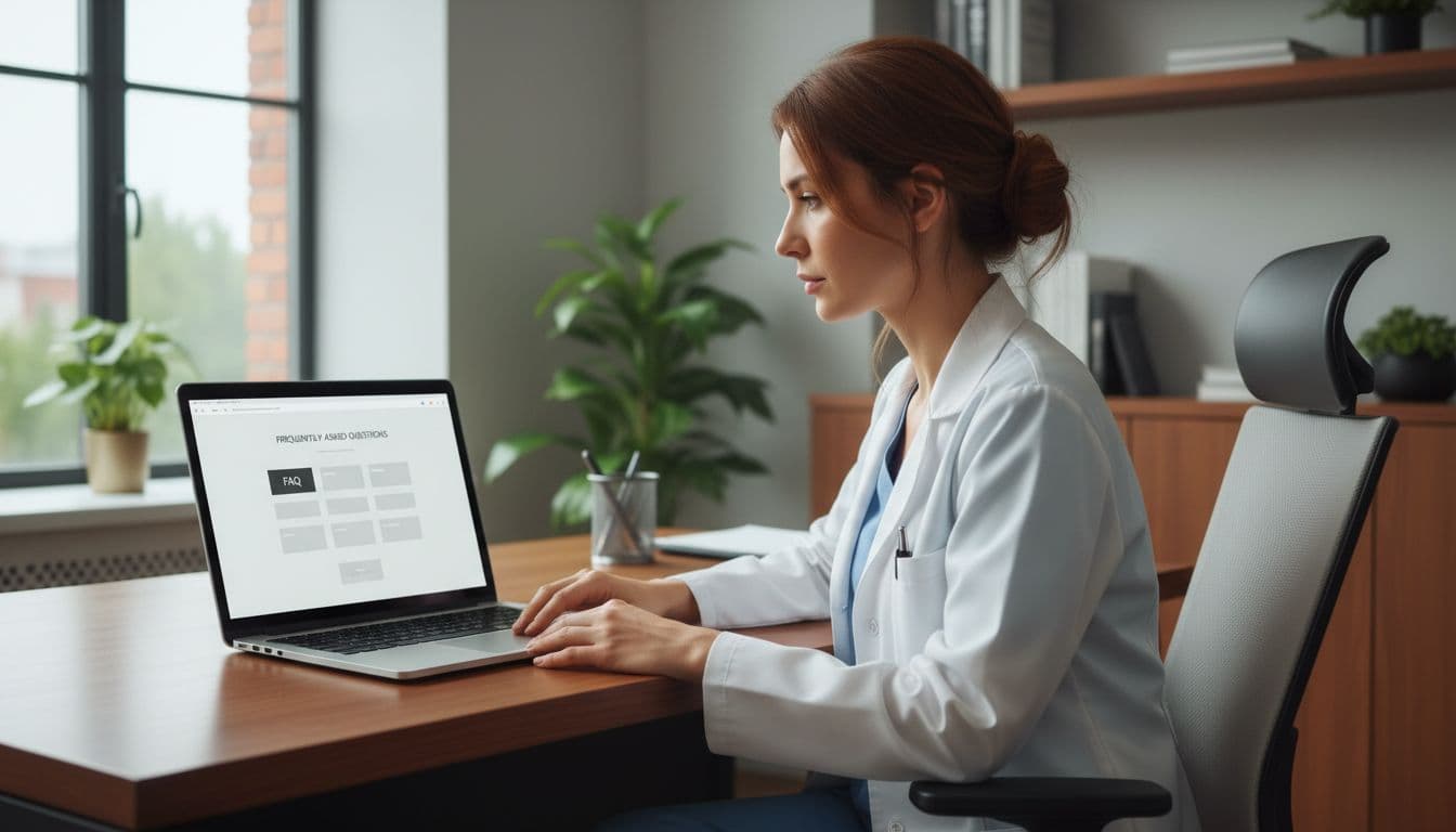 A professional doctor in a modern clinic office sits at a desk, focused on a laptop open to a simple FAQ page viewed at an angle without readable text. The realistic image features natural lighting, clean composition, and one person only.