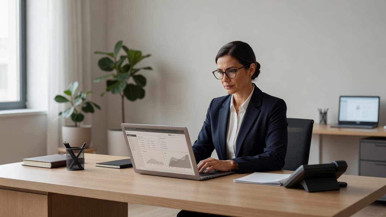 A focused administrator types on a laptop while seated at a clean, white desk inside a bright clinic office. Soft natural sunlight illuminates the organized workspace and subtle medical documentation.