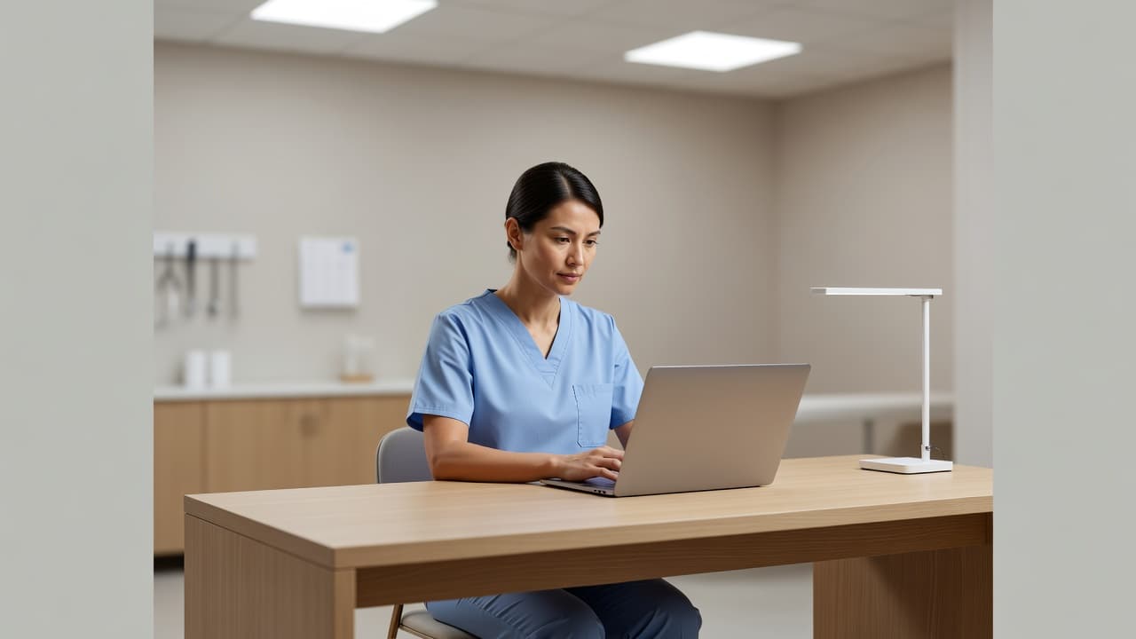 A healthcare professional works on a laptop at a clean, white desk within a bright, contemporary medical office. The soft-focus background highlights an organized, sterile environment conducive to efficient administrative tasks.