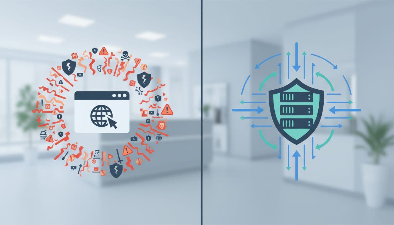 Split scene contrasts chaotic data streams and warnings around browser icon on left with clean shielded data flow around server icon on right, subtle medical office background.