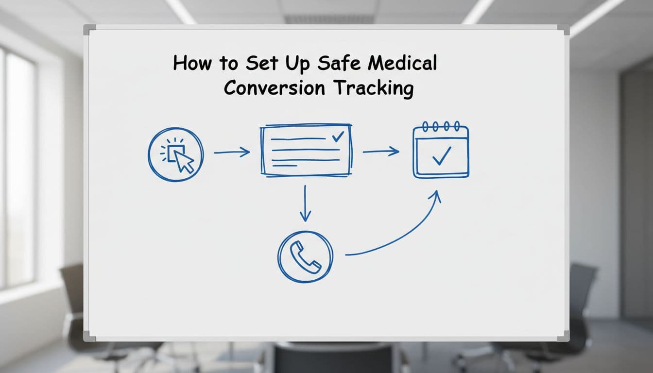 Step-by-step hand-drawn flowchart on a whiteboard in a bright conference room, depicting icons for website button click, form submission, phone call, and appointment booking connected by simple arrows.