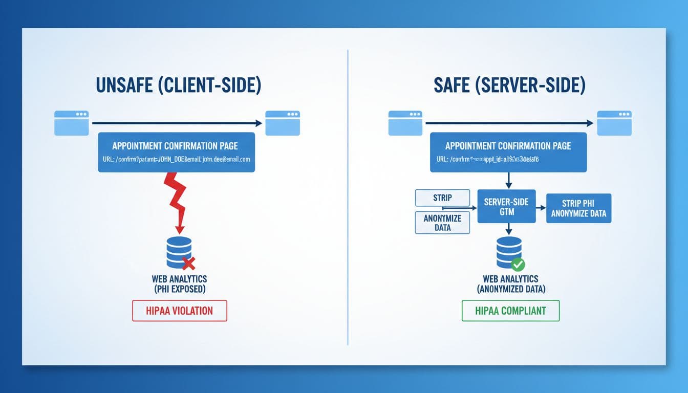 A clean diagram showing safe vs unsafe appointment tracking flows in web analytics. Left side unsafe: client-side with PHI like patient name, email in URL query. Right side safe: server-side GTM stripping PHI, anonymized appointment ID.