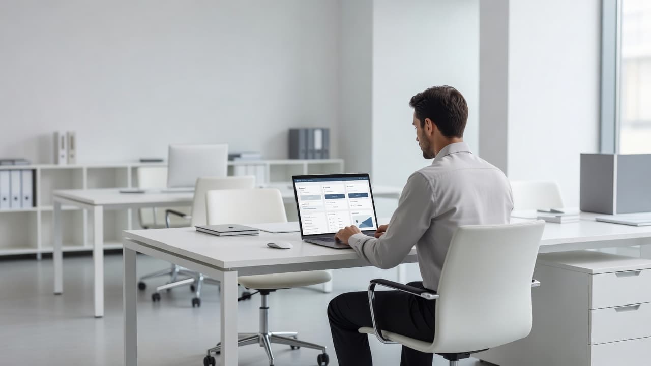 A professional desk sits in a quiet medical office as a staff member views secure software on a laptop. The clean environment features soft lighting and a calm, organized atmosphere.