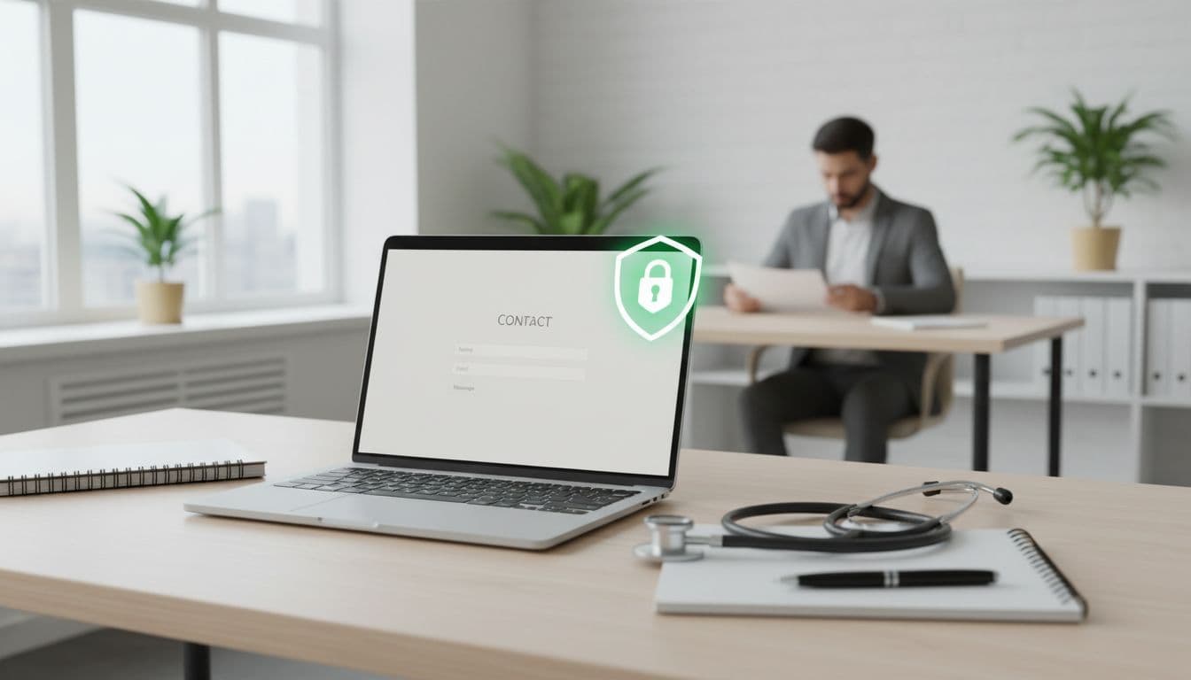 A clean modern office desk with a laptop angled to show a simple contact form overlaid with a secure lock icon, a medical stethoscope and notepad nearby, and one professional reviewing documents in the background under bright natural lighting.