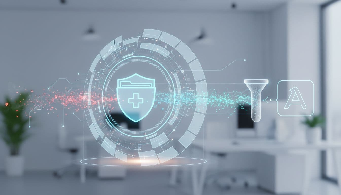 Locked medical records folder shielded by digital barrier filters clean data streams before ad platform icon on subtle healthcare office backdrop.